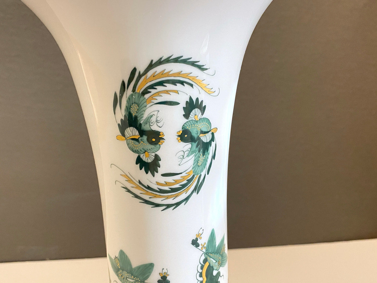 Meissen Reicher Court dragon flute vase, 10 inches high, green dragon and Phoenix motif , gold accent, made in Germany, 1st choice, mint