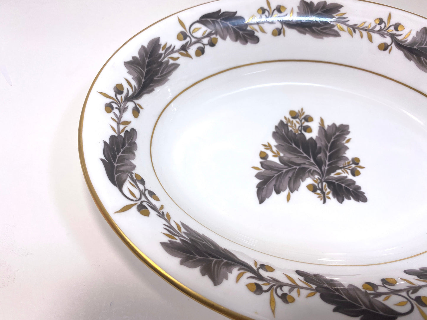 Royal Crown Derby "Portman Oak" pattern oval bowl, bone china, gold accent, made in England, ca.1940