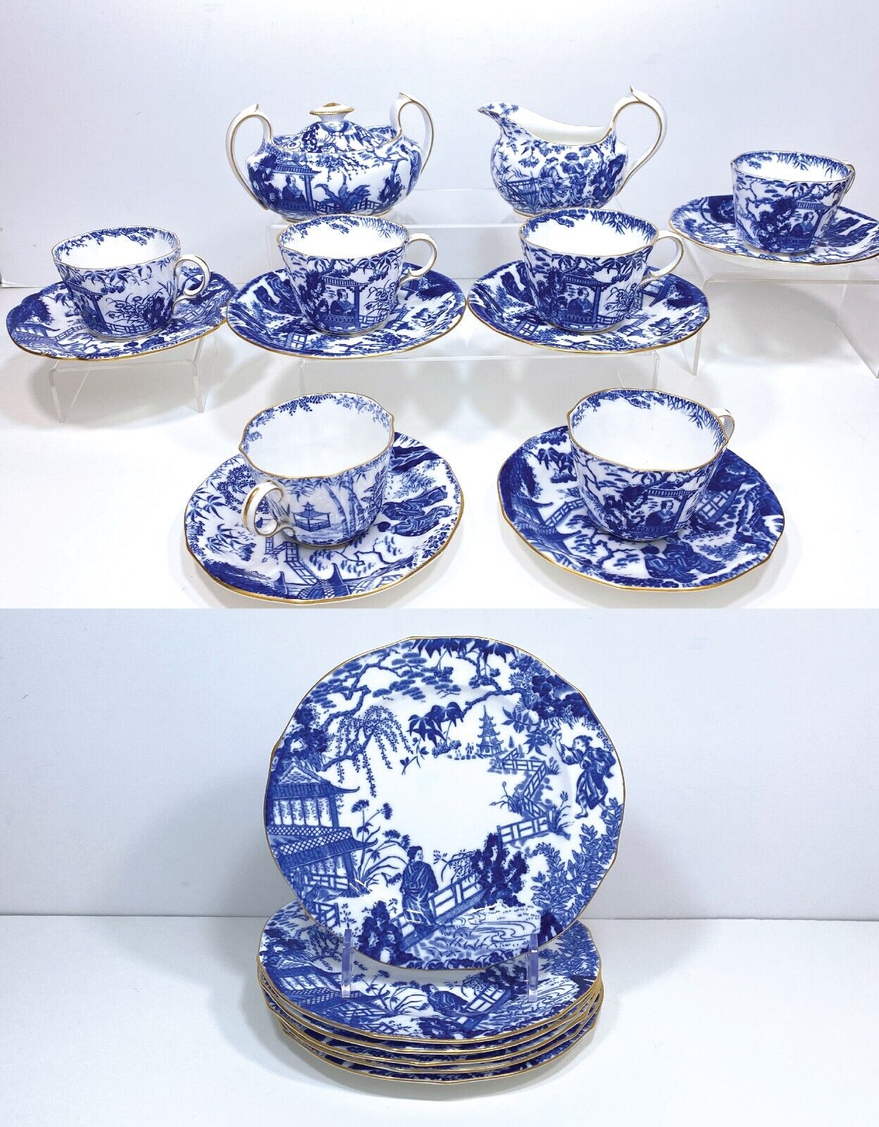 Royal Crown Derby "Mikado" bone china coffee set w/plates, blue and white, 20pcs