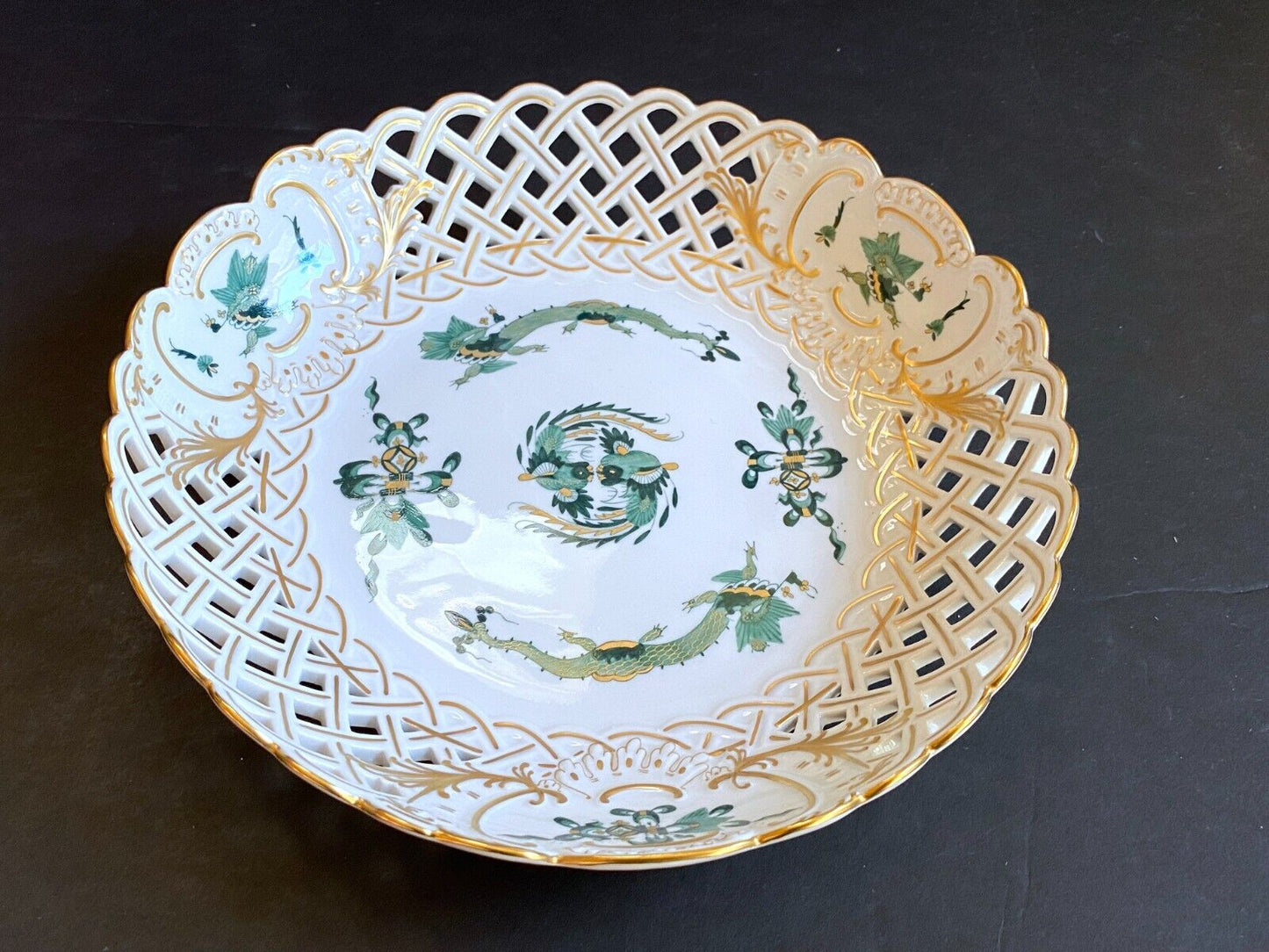 Meissen Reicher Court green dragon &birds pierced center bowl,gold accents, 1st