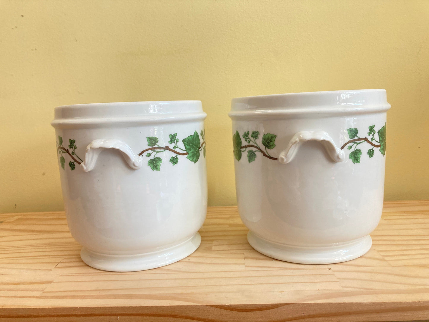 Pair of Porcelain de Paris cachepots, Napoleon III style, grape vine motif, made in France, 7'' H, excellent condition