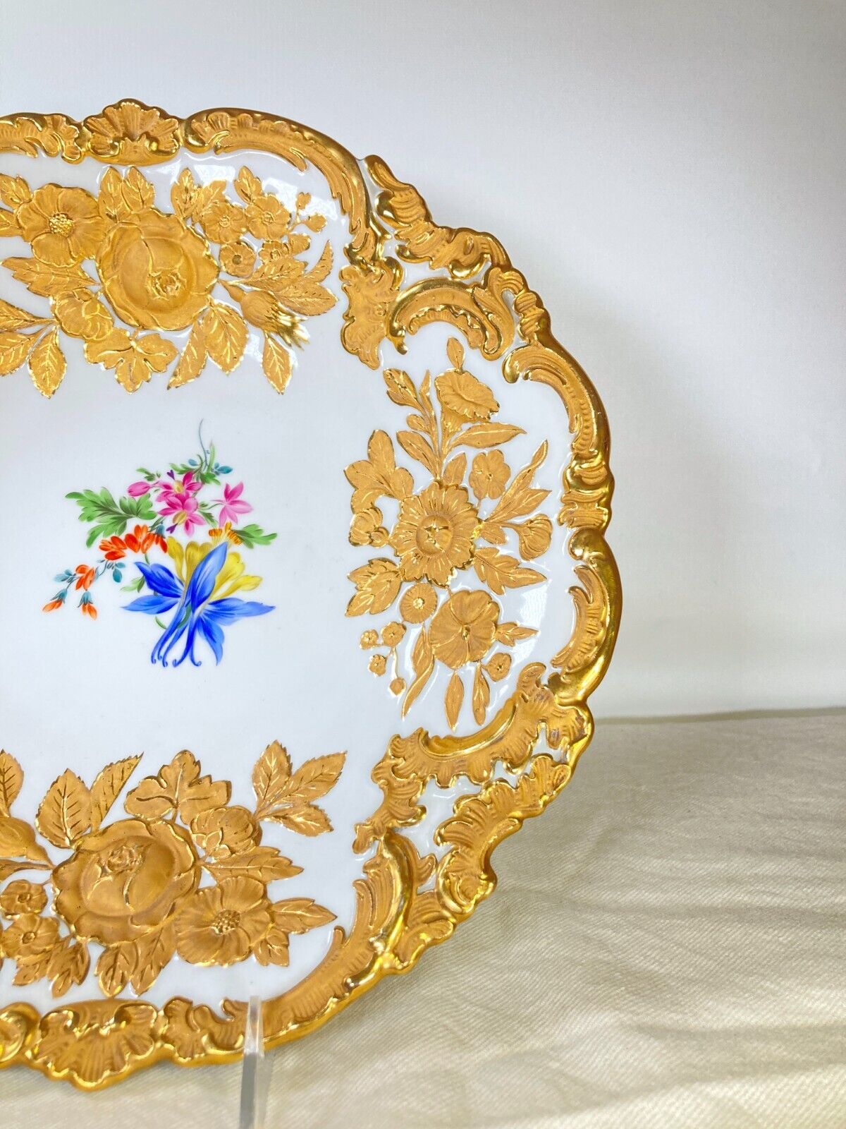 Meissen 24k gold floral relief moulded splendor bowl, 12'' D, ca.1867