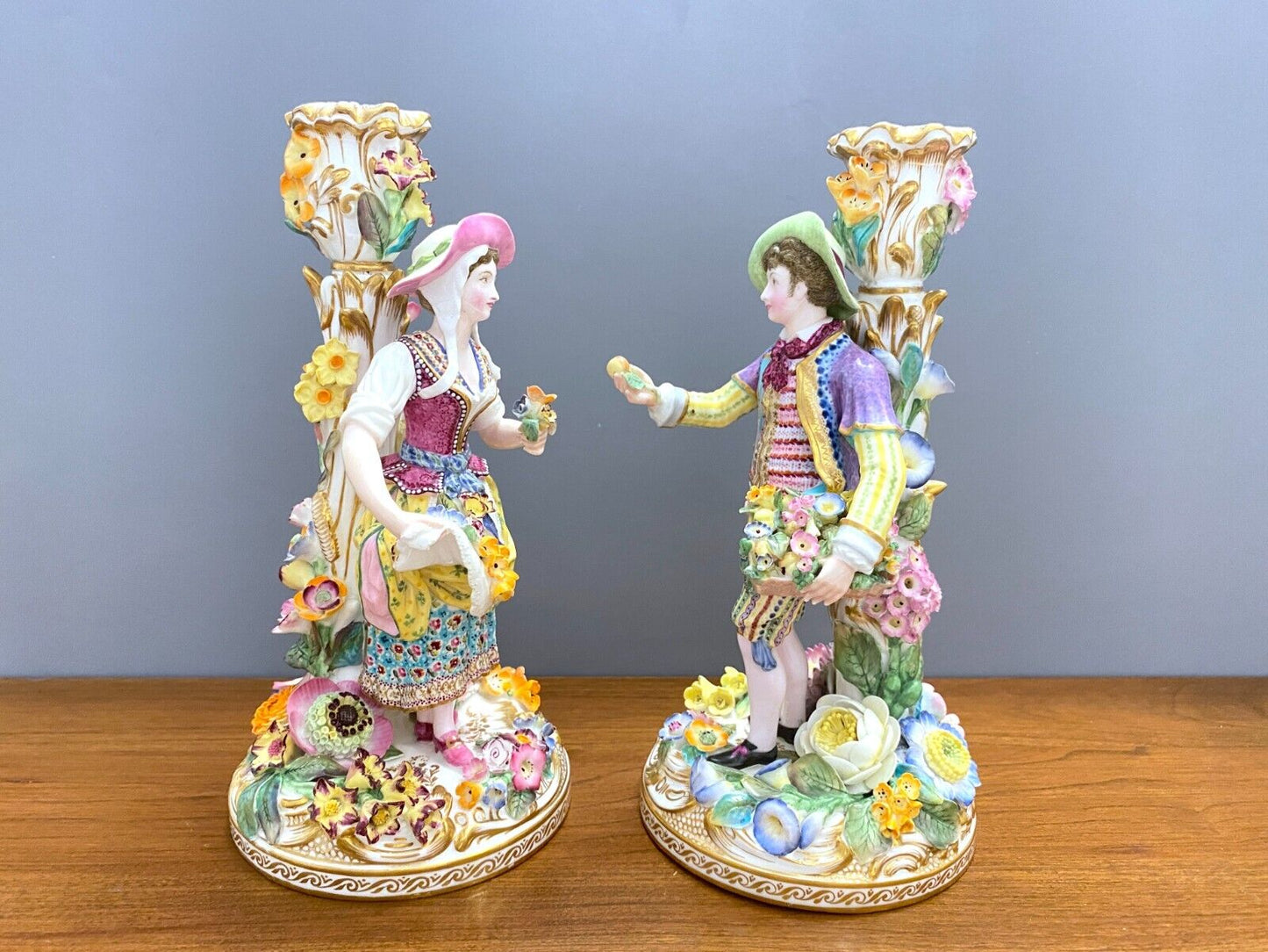 Pair Derby/Chelsea porcelain Figural candlestick, man and woman,18 century, rare