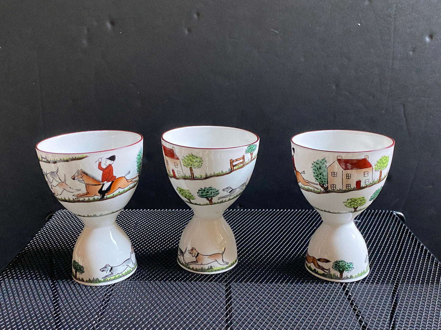 Three Crown Staffordshire "Hunting Scene" double egg cups, 3 3/4 inches High, fox hunting, bone china, made in England