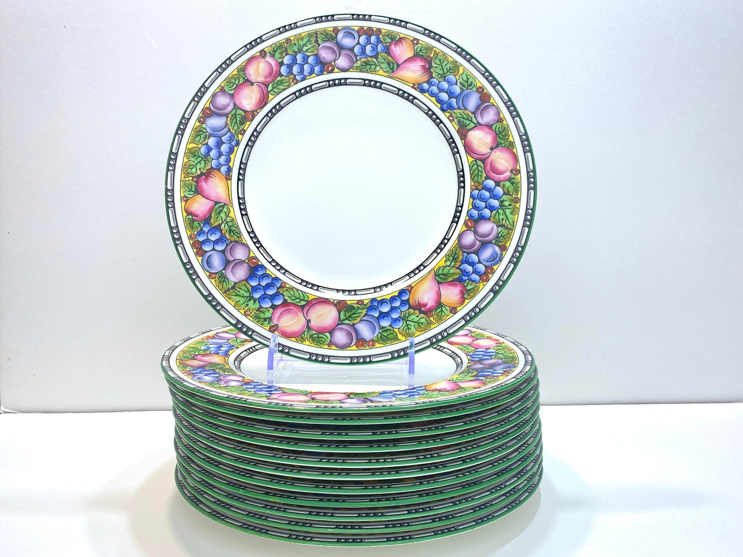 Antique Wedgwood bone china dinner plates, set of 12, fruit border and green rims,10.5/8 inches, circa 1902, excellent