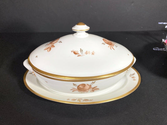 Royal Copenhagen Brown Rose lidded vegetable bowl with under tray, gold trim