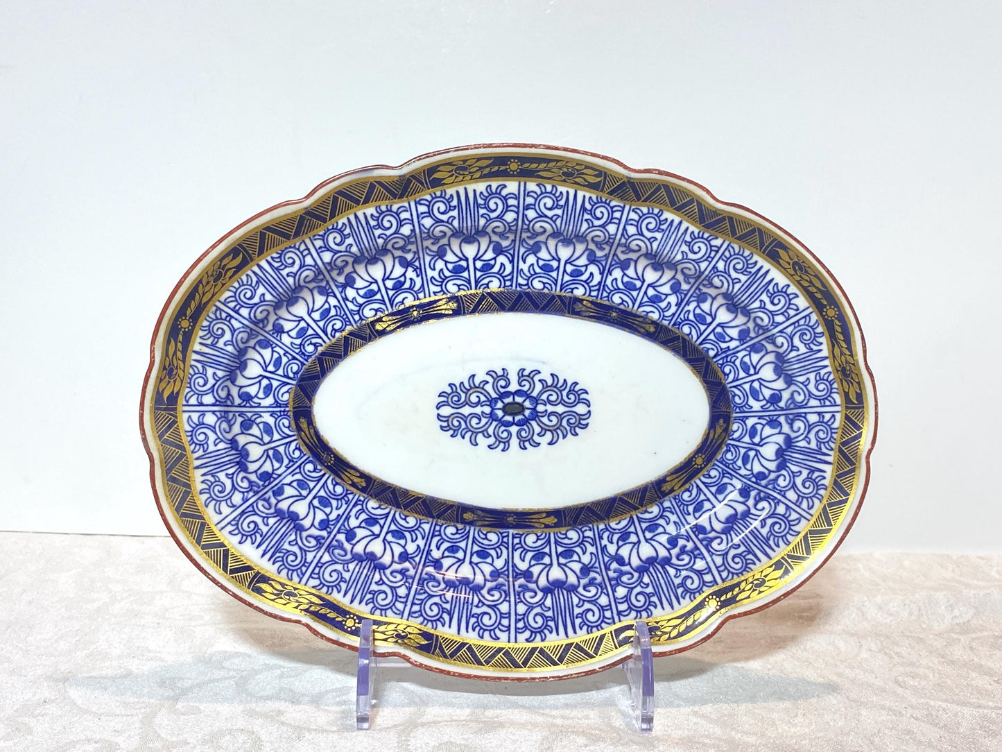 Pair Royal Worcester English Porcelain Blue and White "Royal Lily " oval serving platters, 10'' W, rare scalloped edges,Circa 1906