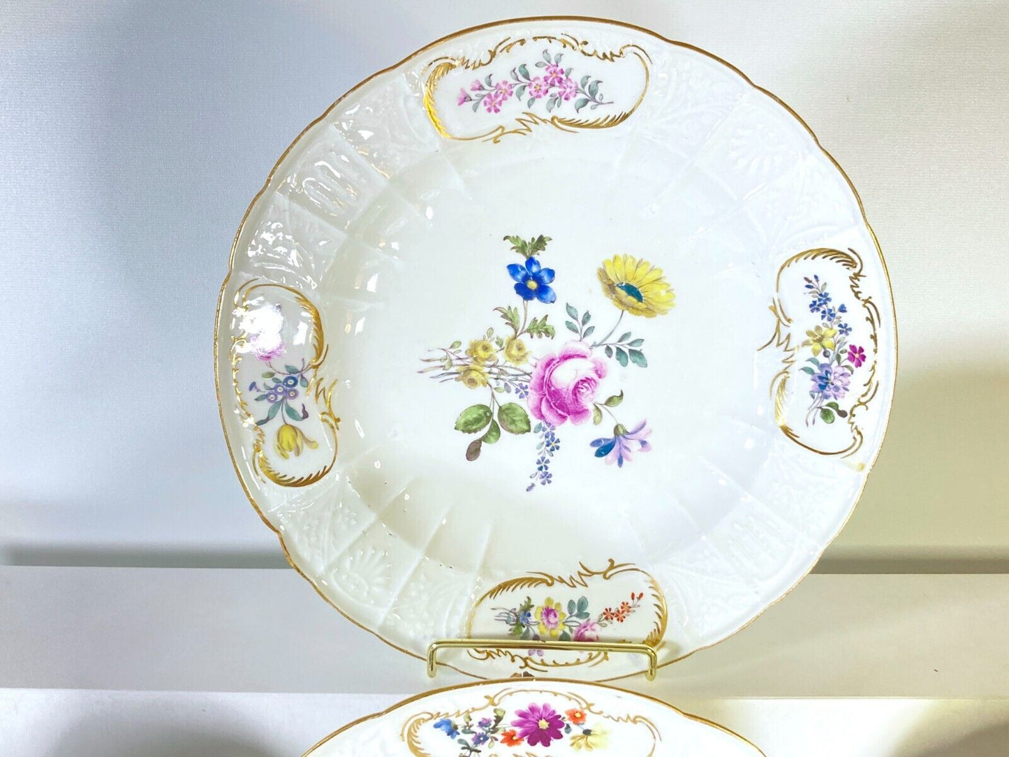 Set 10 x Meissen (1815-1860) 9.5'' plates, floral motif, gold accents, RARE