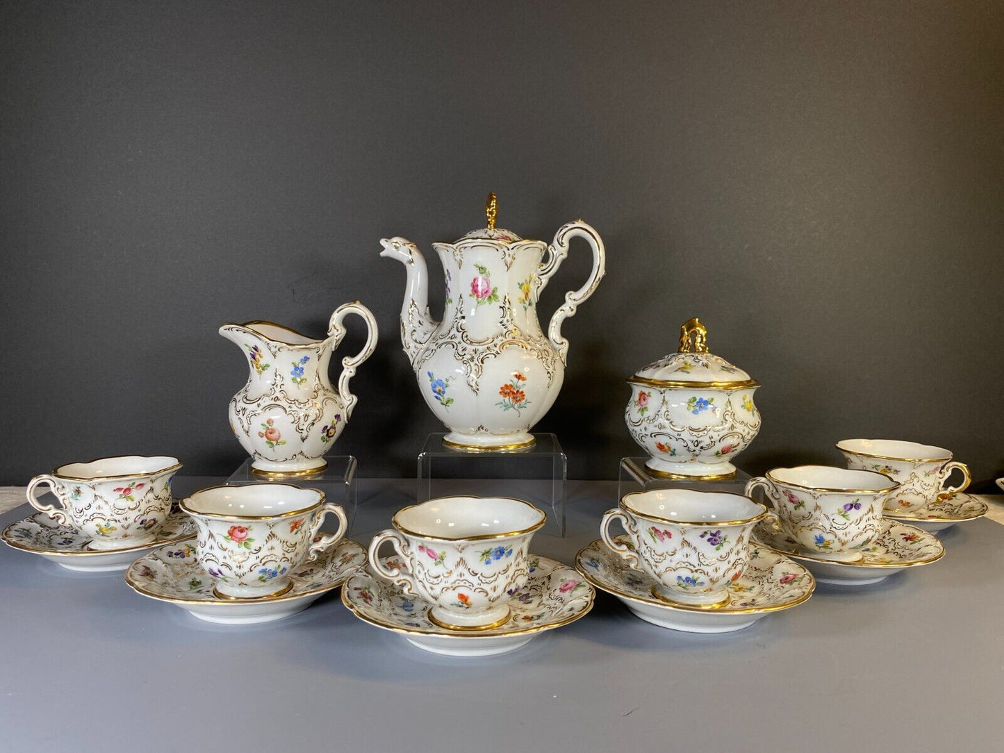 Meissen B shape coffee set for 6, scattered and 24k gold encrusted,1st quality