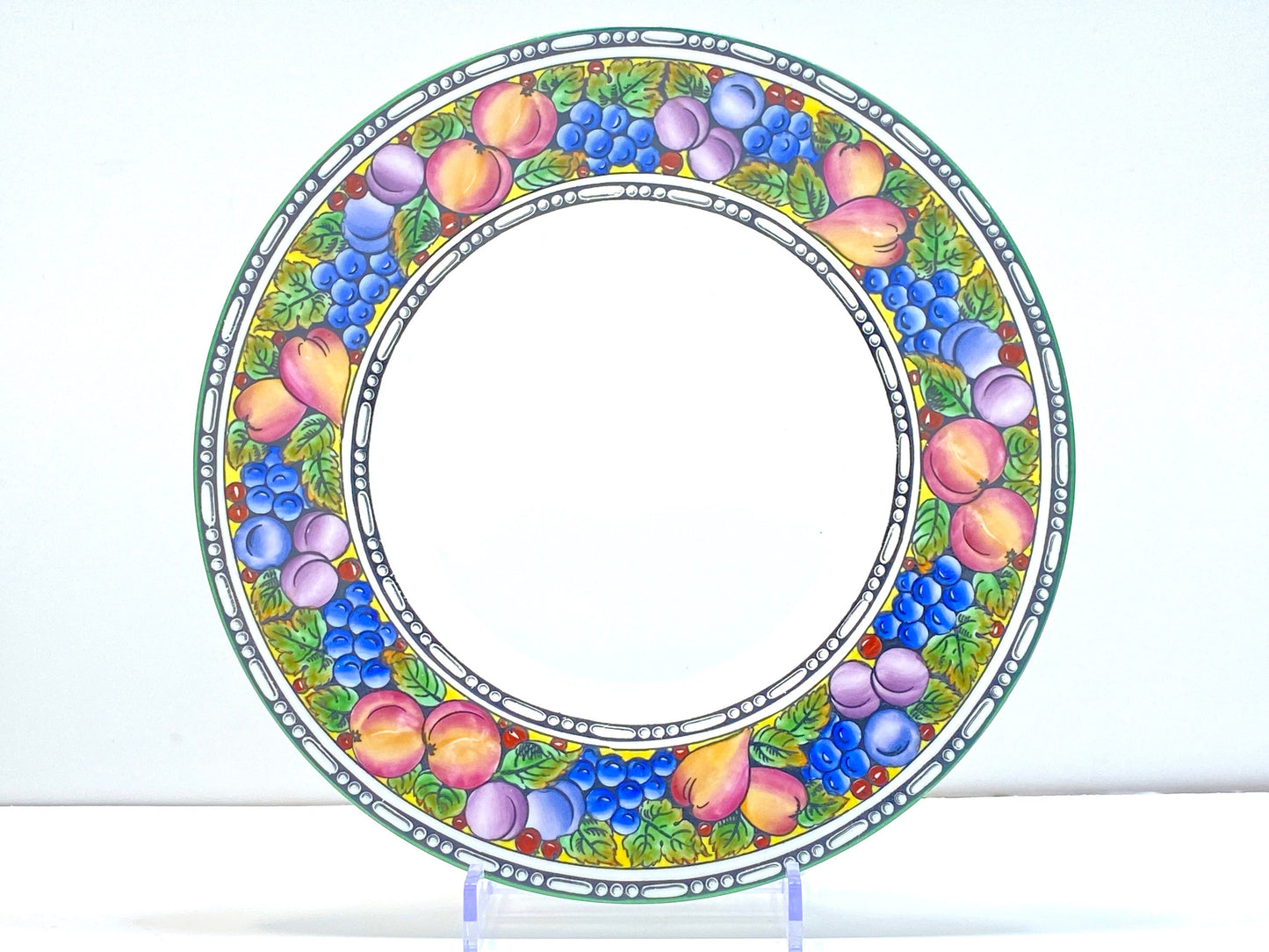 Antique Wedgwood bone china dinner plates, set of 12, fruit border and green rims,10.5/8 inches, circa 1902, excellent