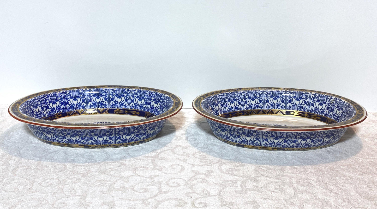 Pair Royal Worcester English Porcelain Blue and White "Royal Lily " oval serving vegetable bowls, 10'' W, double walls,Circa 1906