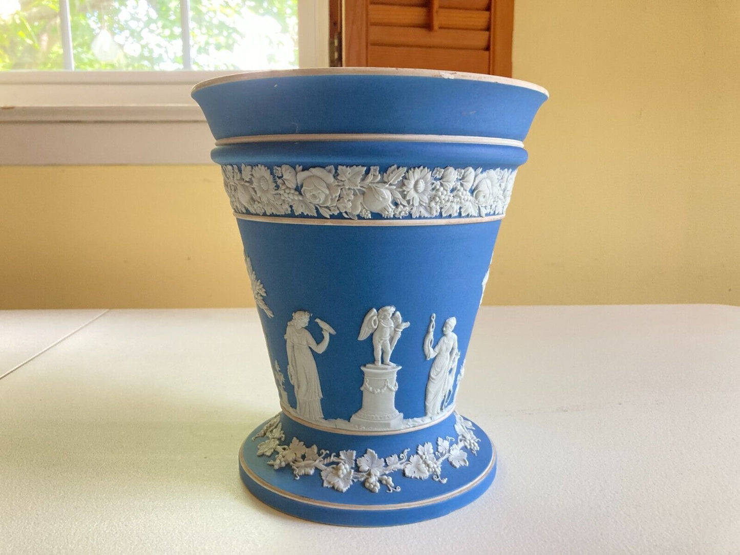 extra large Wedgwood blue Jasperware neoclassical figures vase,8 1/4'' x 7 1/4''