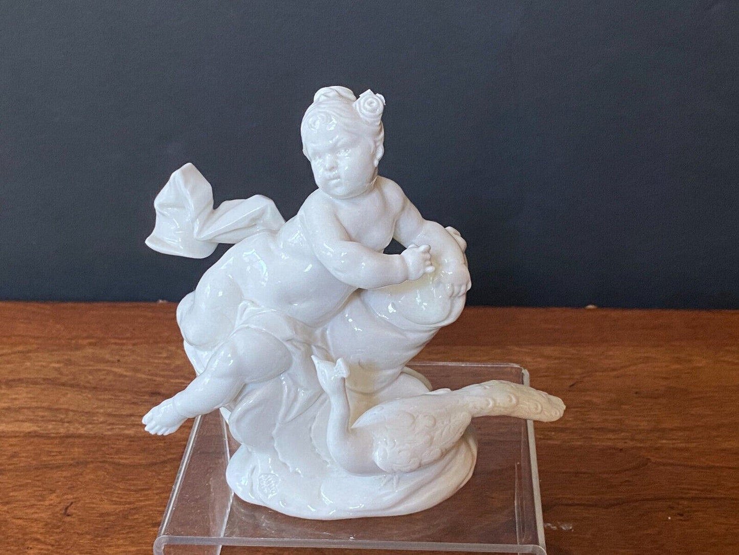 Antique Nymphenburg Germany figurine Cherub, Putti with Peacock, Glazed