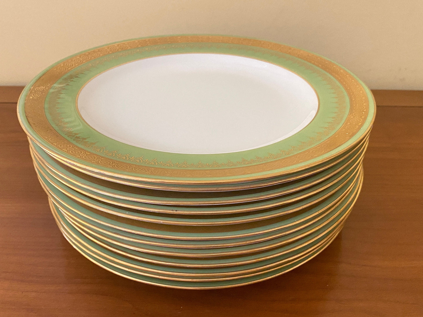 Antique Wedgwood dessert plates, set of 11, gold encrusted green border, 7 inches, bone china, circa 1900s, excellent