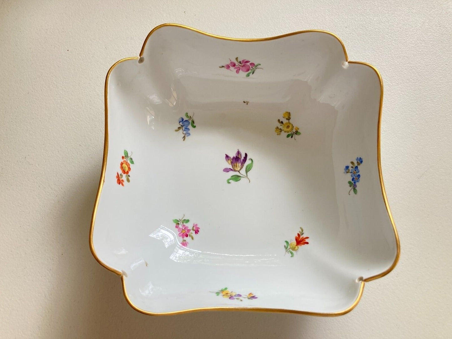 Meissen (1924-1934) large scalloped square serving bowl, gold rim, flora motif