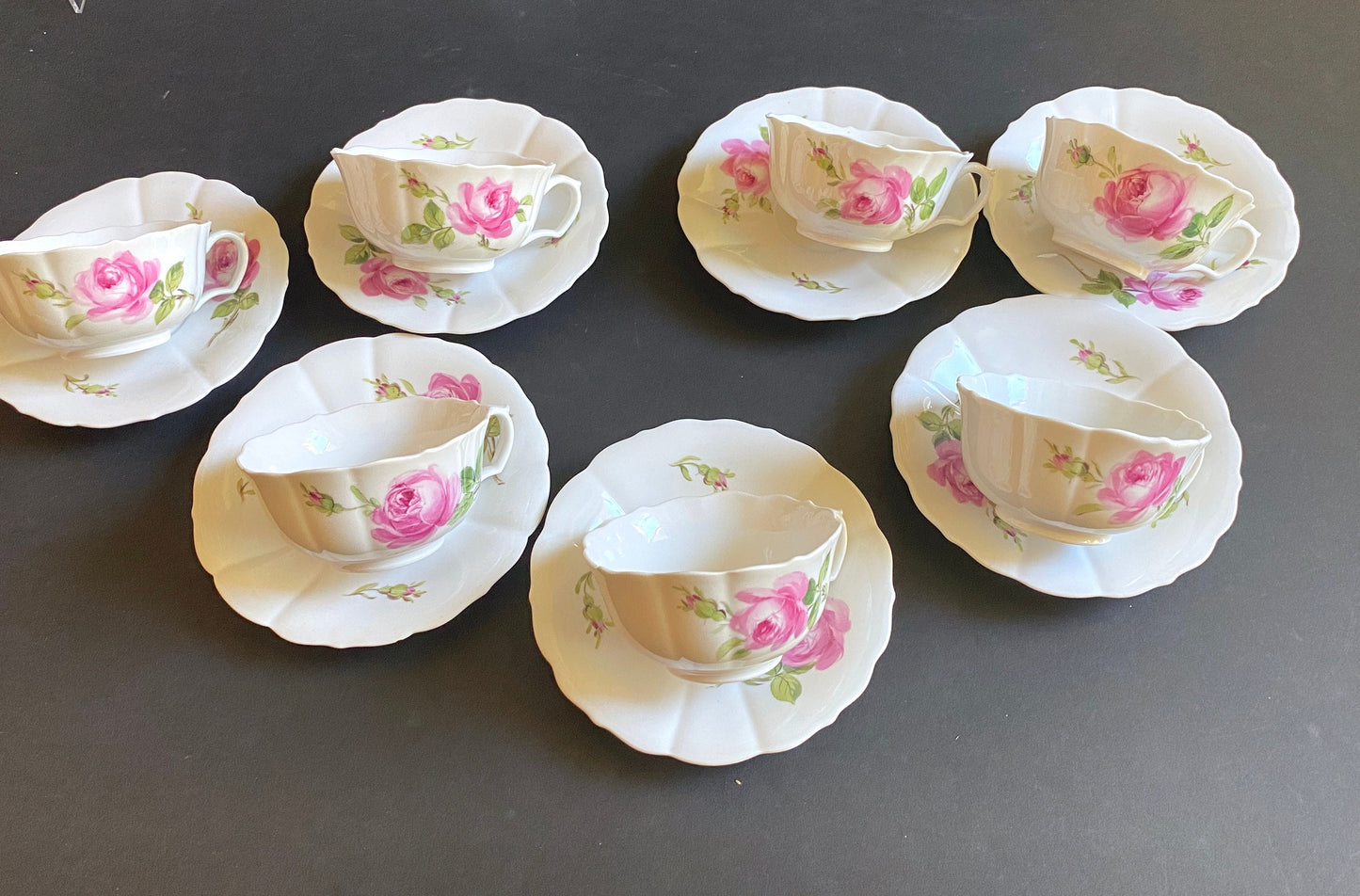 Vintage MEISSEN "Roses" tableware, teacup & saucer set of 8, 9 3/8 inches plates and 6 inches plates, 27 pcs,made in Germany, ca. 1852-1870