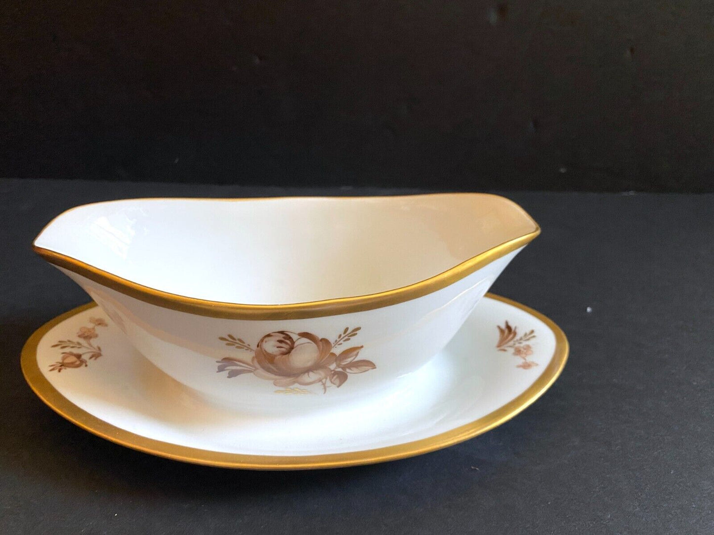 Royal Copenhagen handpainted gilt Brown Rose gravy boat w/ attached underplate