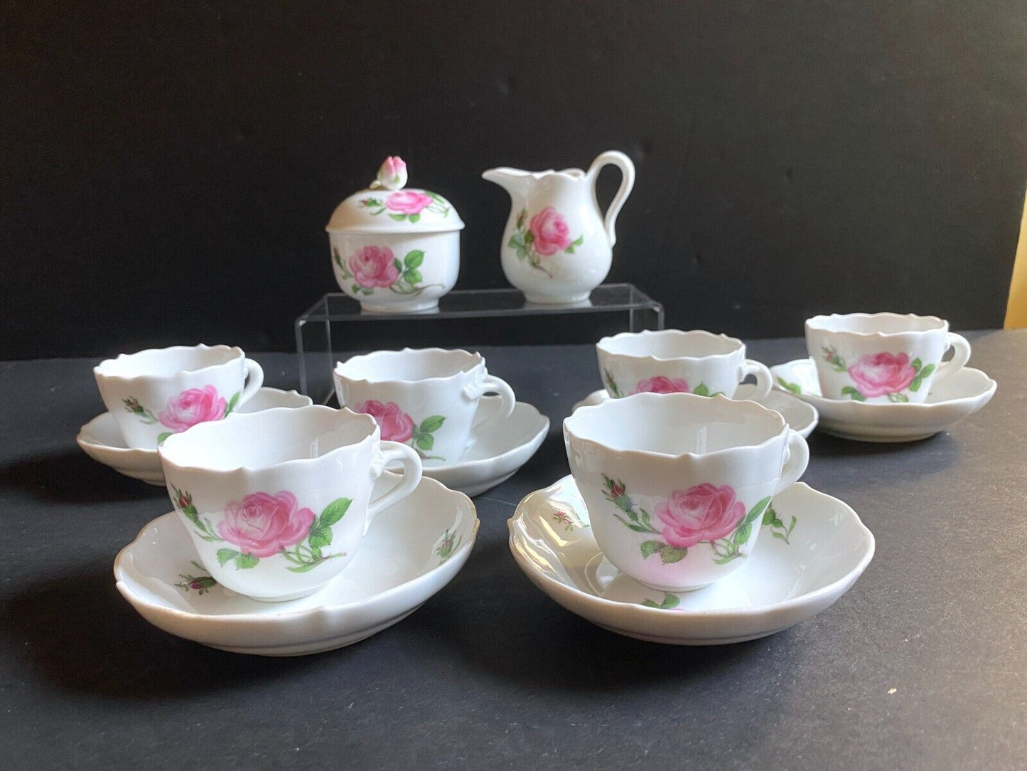 MEISSEN PINK ROSE small Coffee set, coffee cups, sugar bowl,creamer, 1st quality