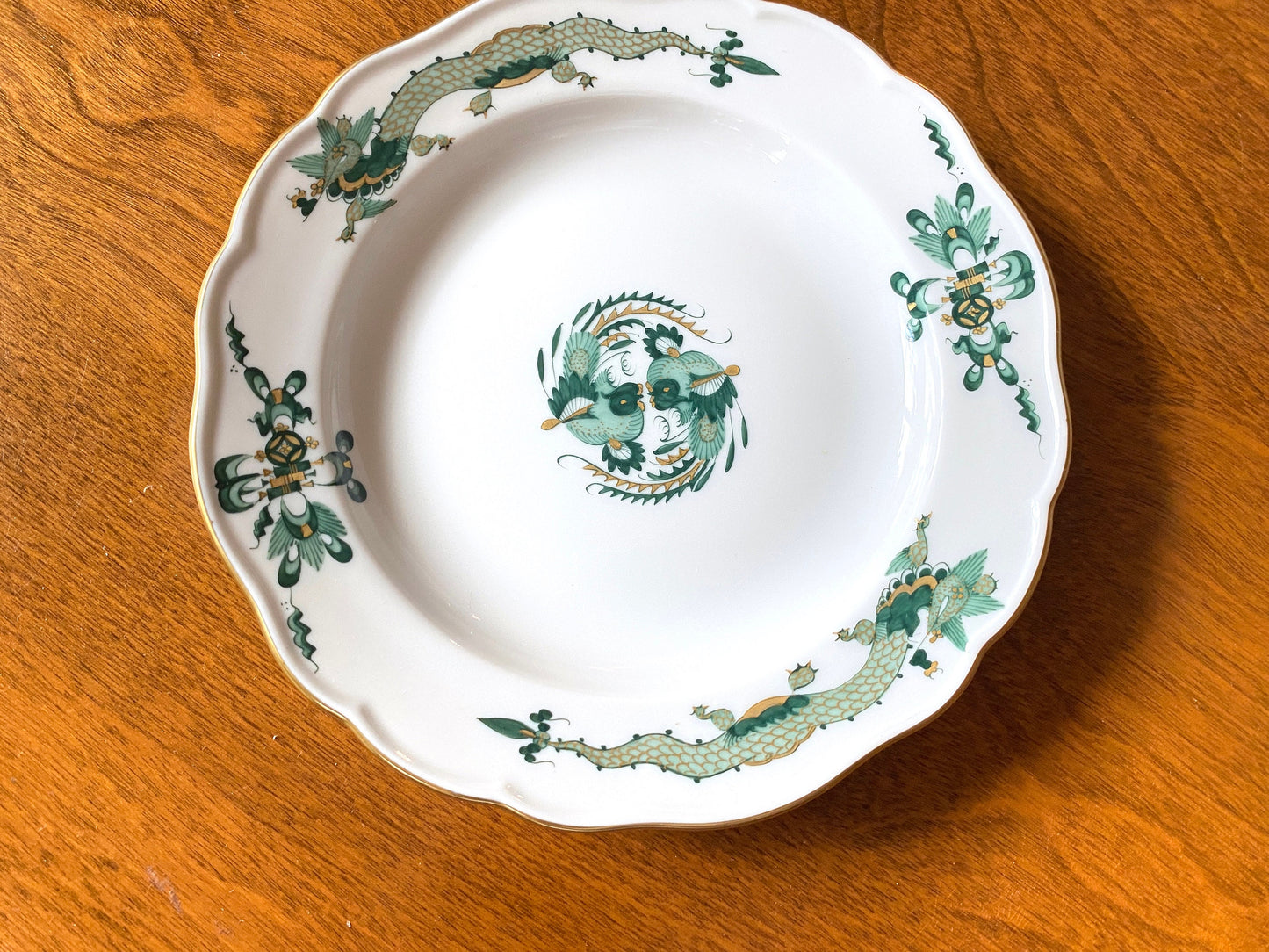 set of 7 Meissen Rich Court dragon (Green), Phoenix birds butter&bread plates, 5.25 inches, gold accents, 1st quality, excellent!