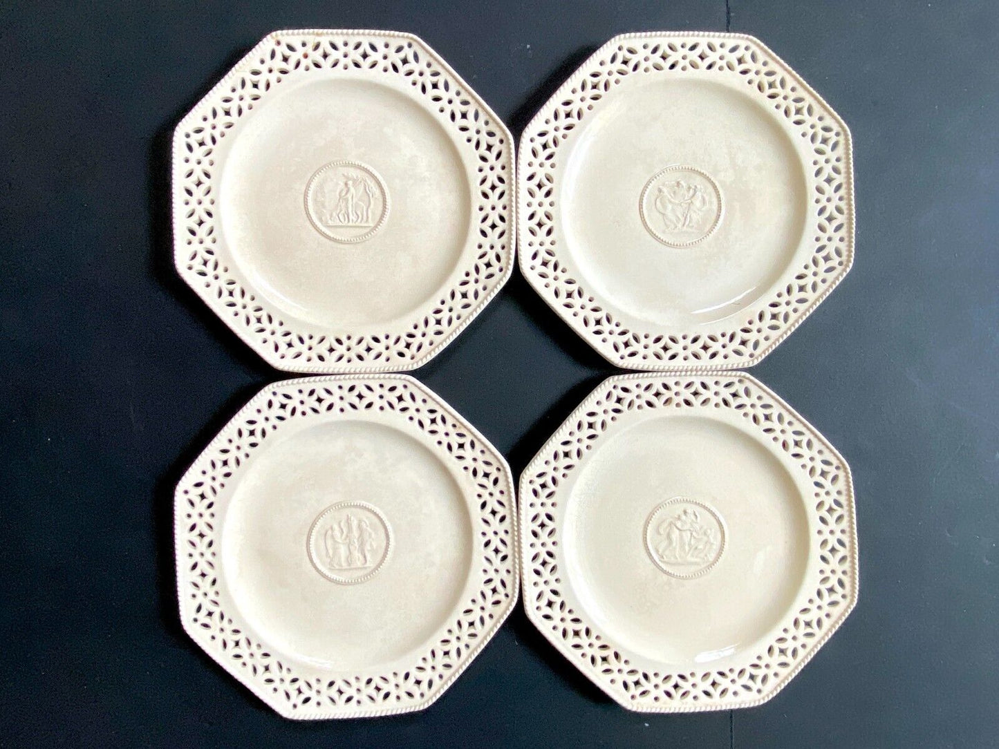 Set 11 Wedgwood Creamware Pottery pierced Hexagonal Plates, Neoclassical, 1800s