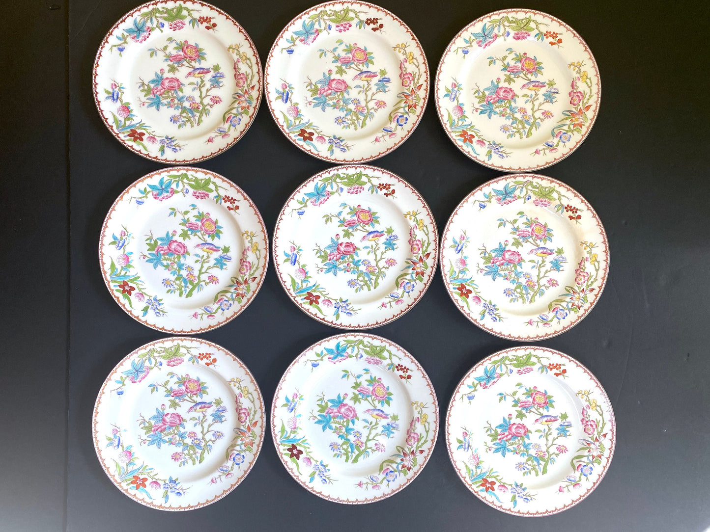 Set of 9 England Minton Pink Peony and Cuckoo Luncheon Plate 9” D , ca. 1920s.pattern number 3934, ca. 1920s