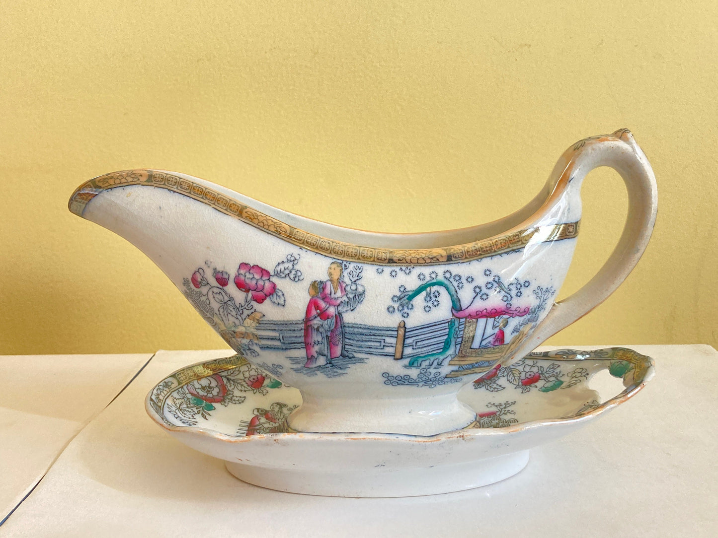 Antique Ashworth LSS Lewis Strauss & Sons ironstone gravy boat with underplate in Chinese pattern, ca. 1860