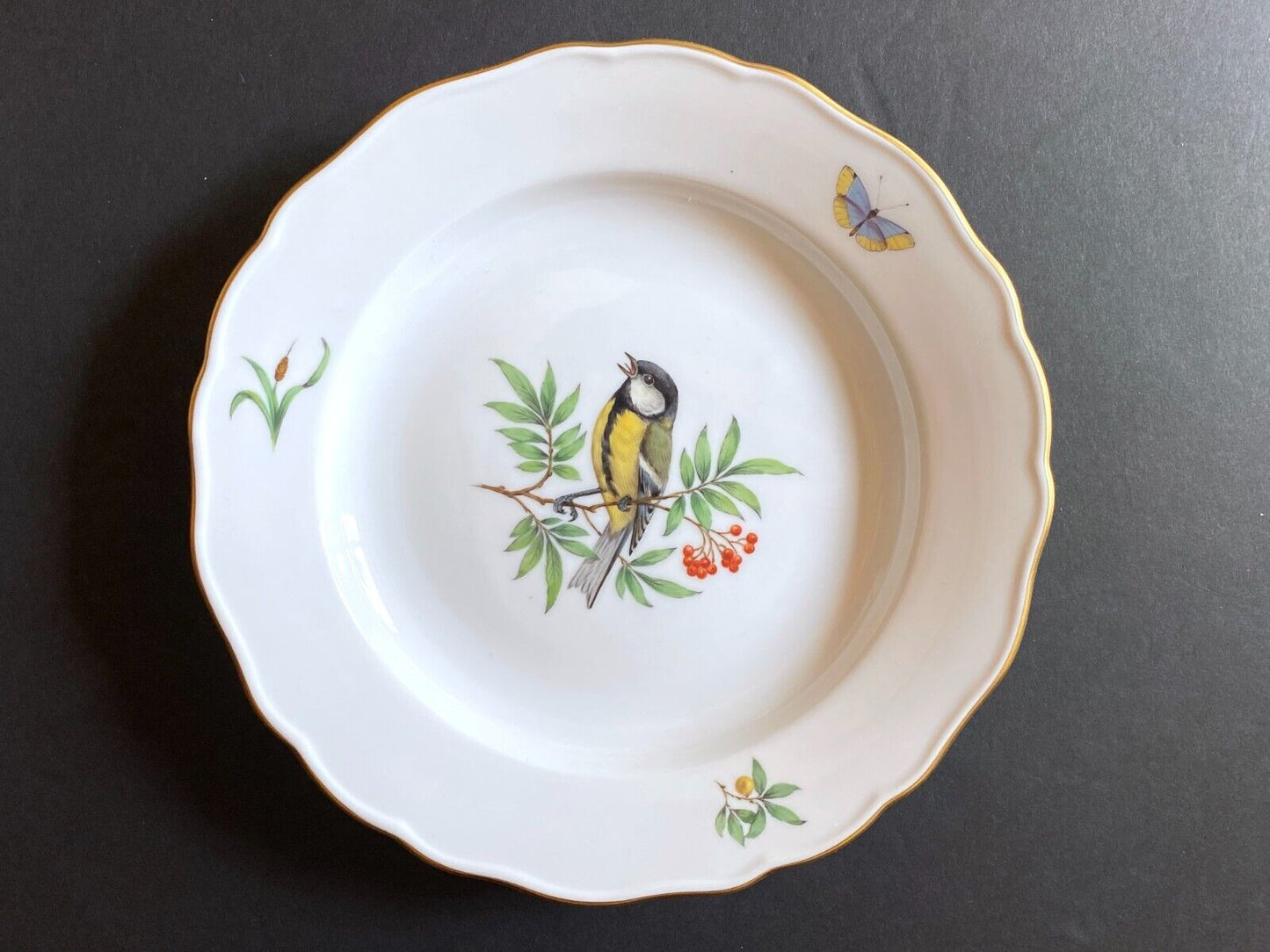 Meissen handpainted birds motif cabinet plates, set of 5, 1st choice, gold rim