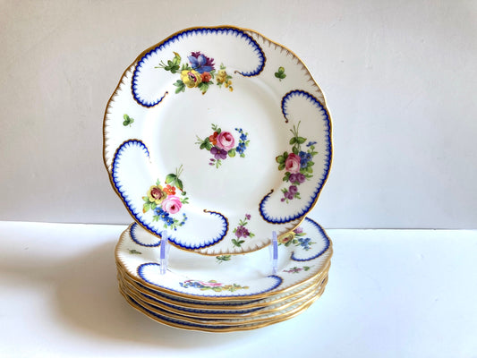 Set of 6 Minton after Sevres "Feuille-de-Choux" plates, 8'', handpainted and gilt rim, bone china, ca. 1870s, exquisite