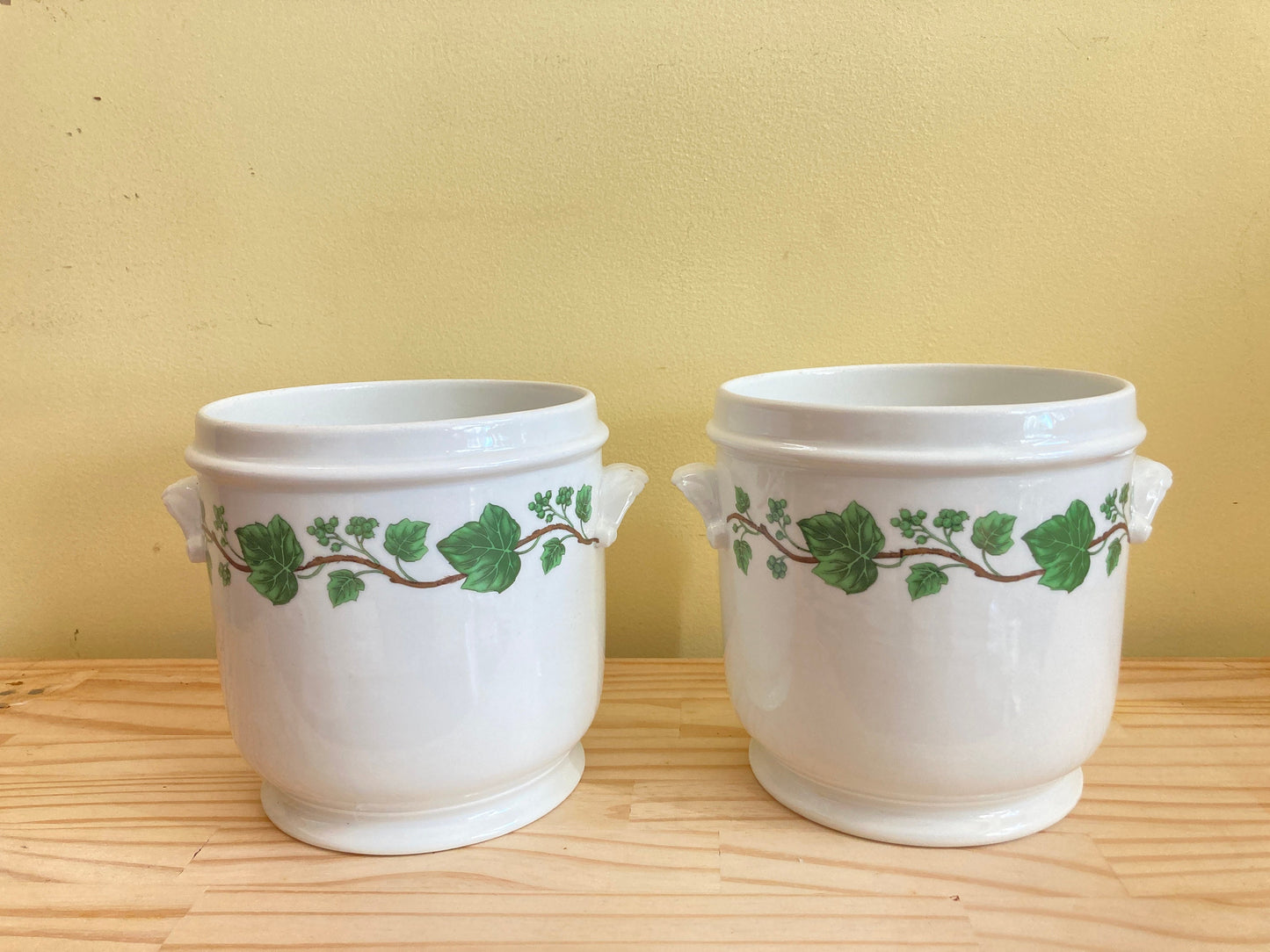 Pair of Porcelain de Paris cachepots, Napoleon III style, grape vine motif, made in France, 7'' H, excellent condition