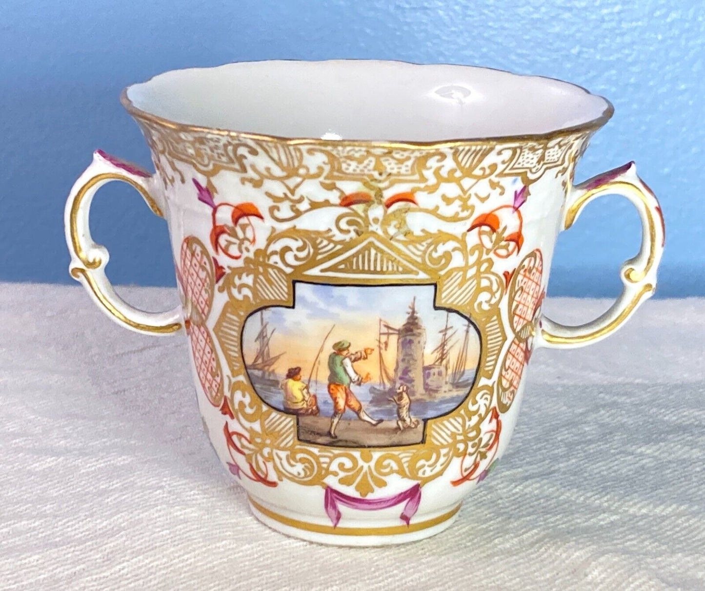 Meissen Augustus Rex for Helena Wolfsohn Nautical cup w/Carl Thieme saucer, 18C.