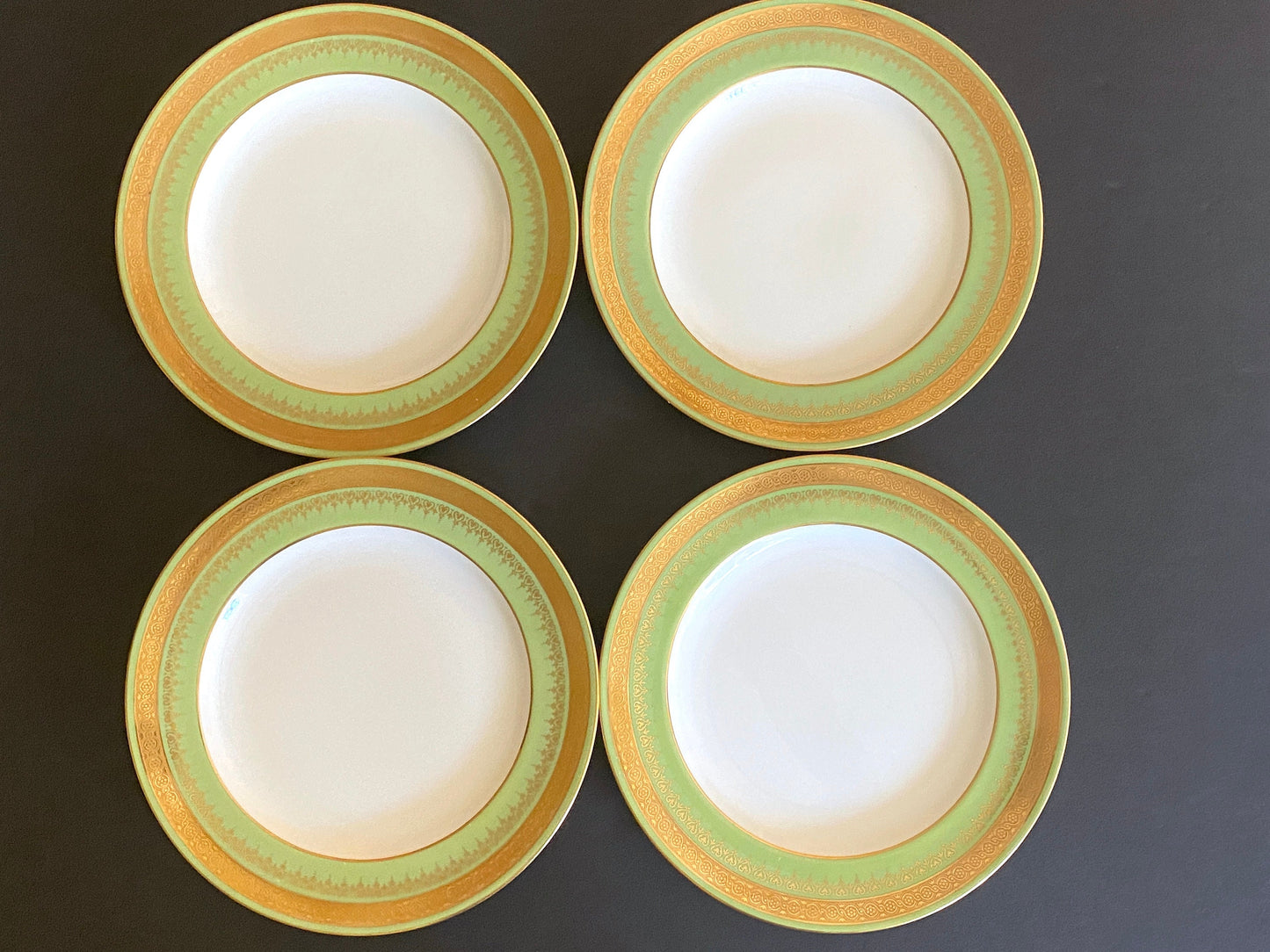 Antique Wedgwood dessert plates, set of 11, gold encrusted green border, 7 inches, bone china, circa 1900s, excellent