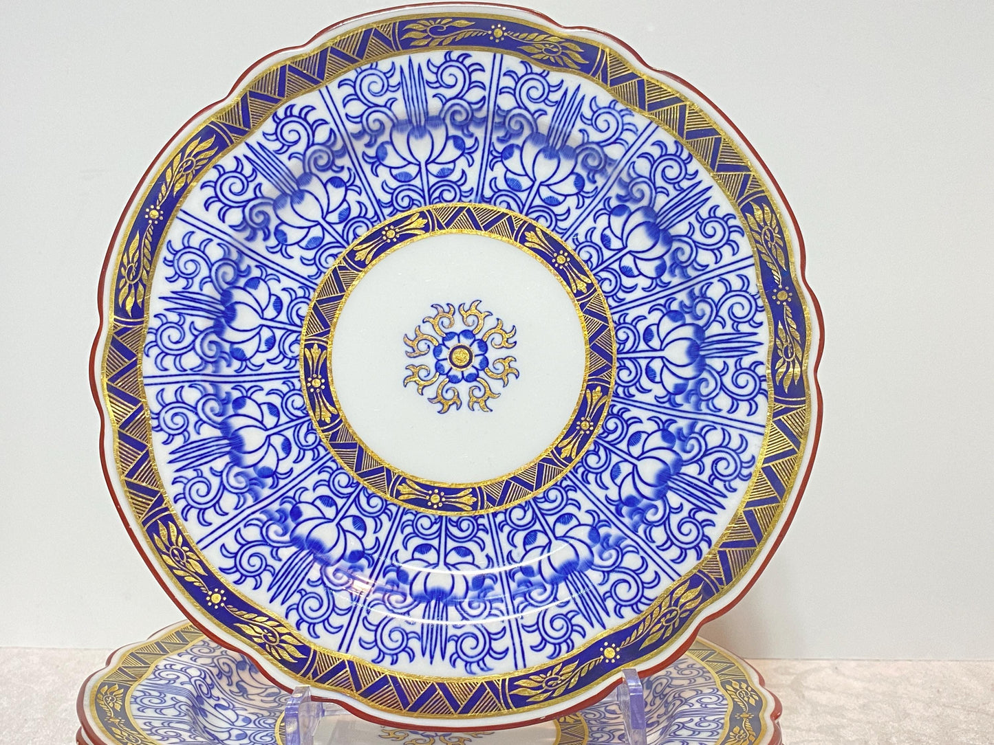 Antique Royal Worcester English Porcelain Blue and White "Royal Lily " salad plates, set of 6, rare scalloped edges,Circa 1906,