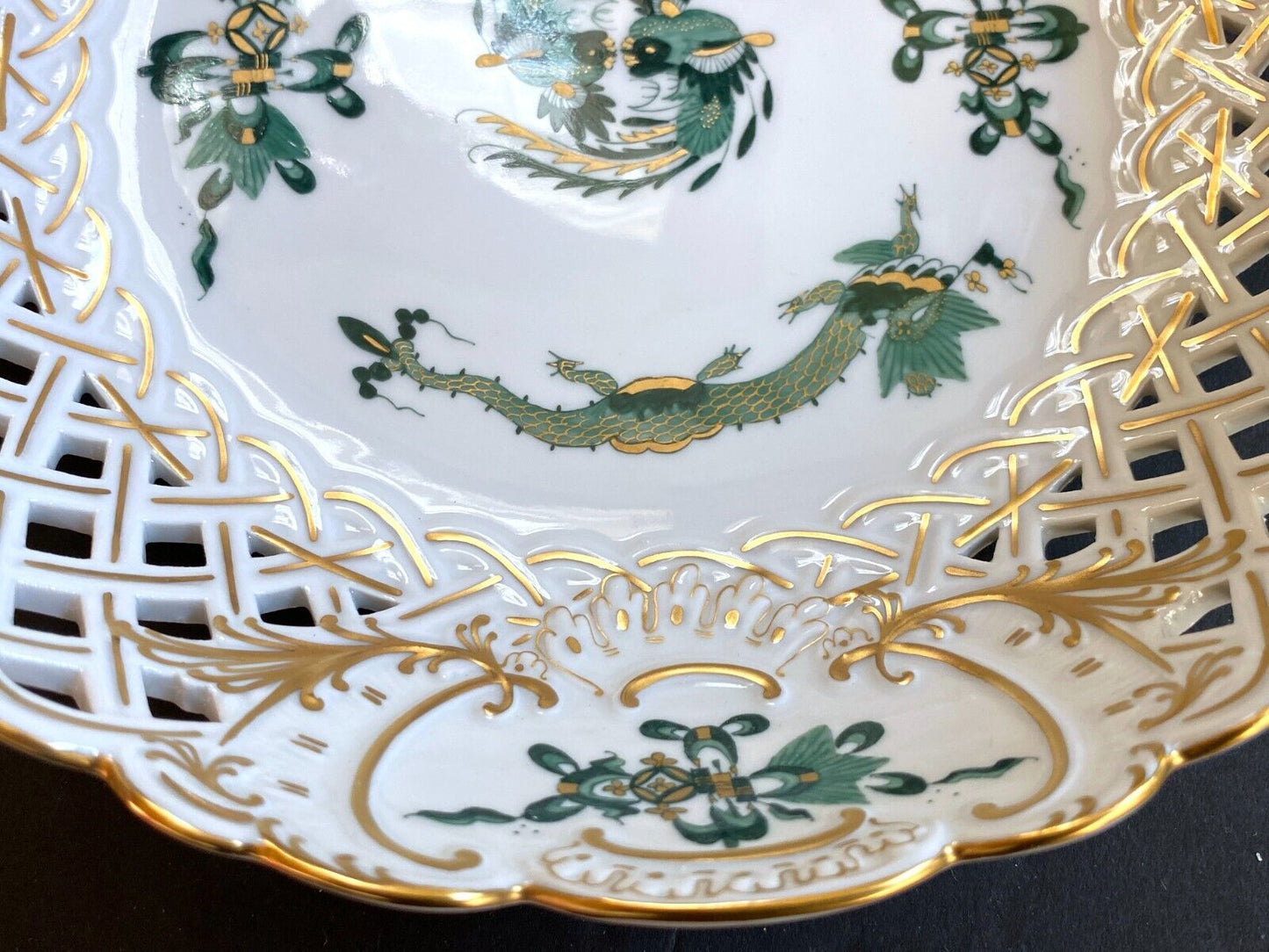 Meissen Reicher Court green dragon &birds pierced center bowl,gold accents, 1st