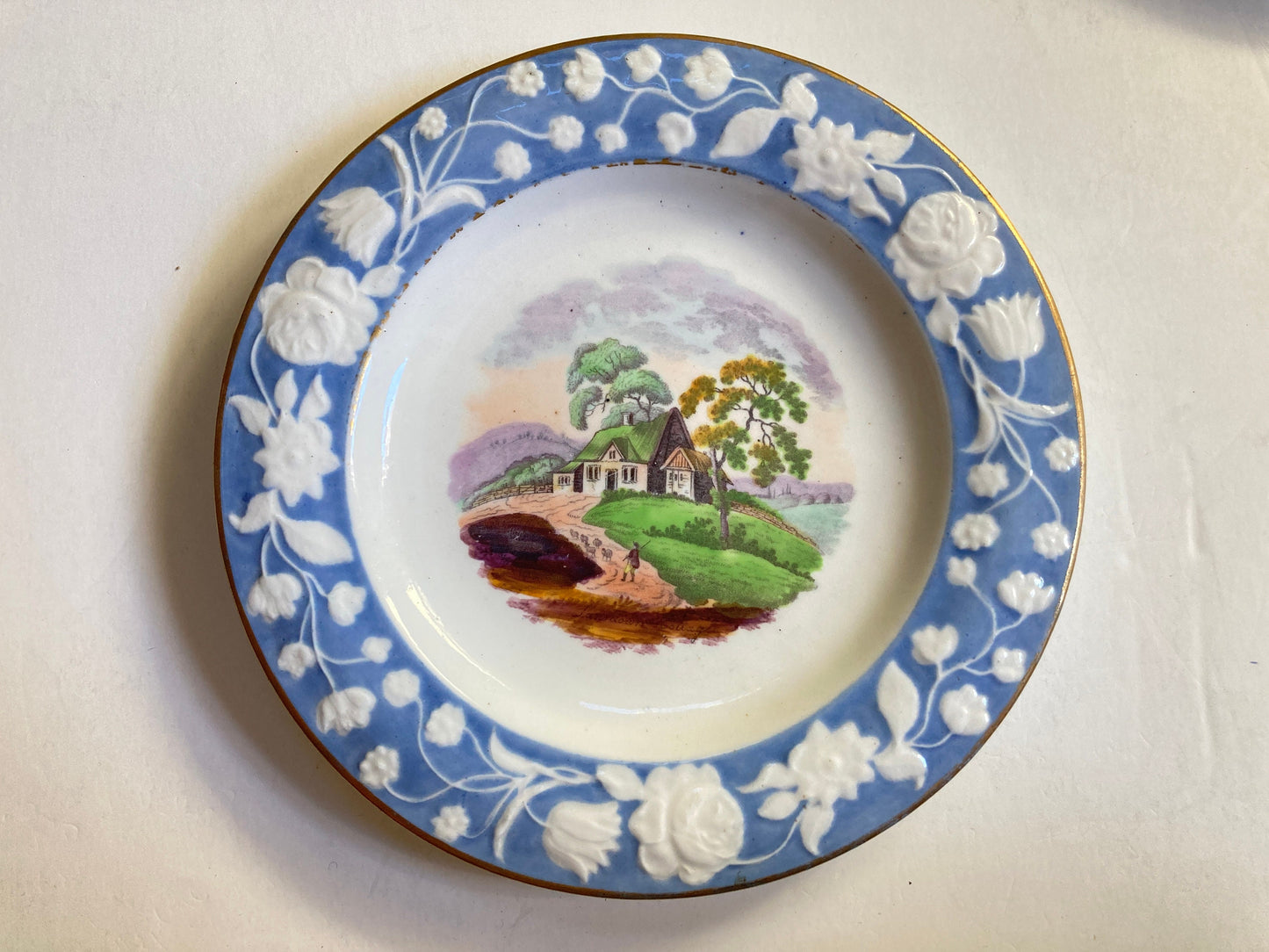 Set of 8x New Hall porcelain English village scene 8'' cabinet plates, collectible, c.1812-1825