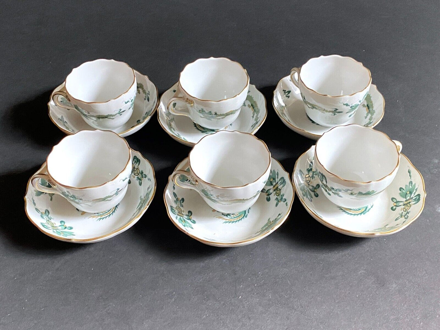 Set 6 Meissen Reicher Court green dragon & birds teacup w/ saucers, 1st quality