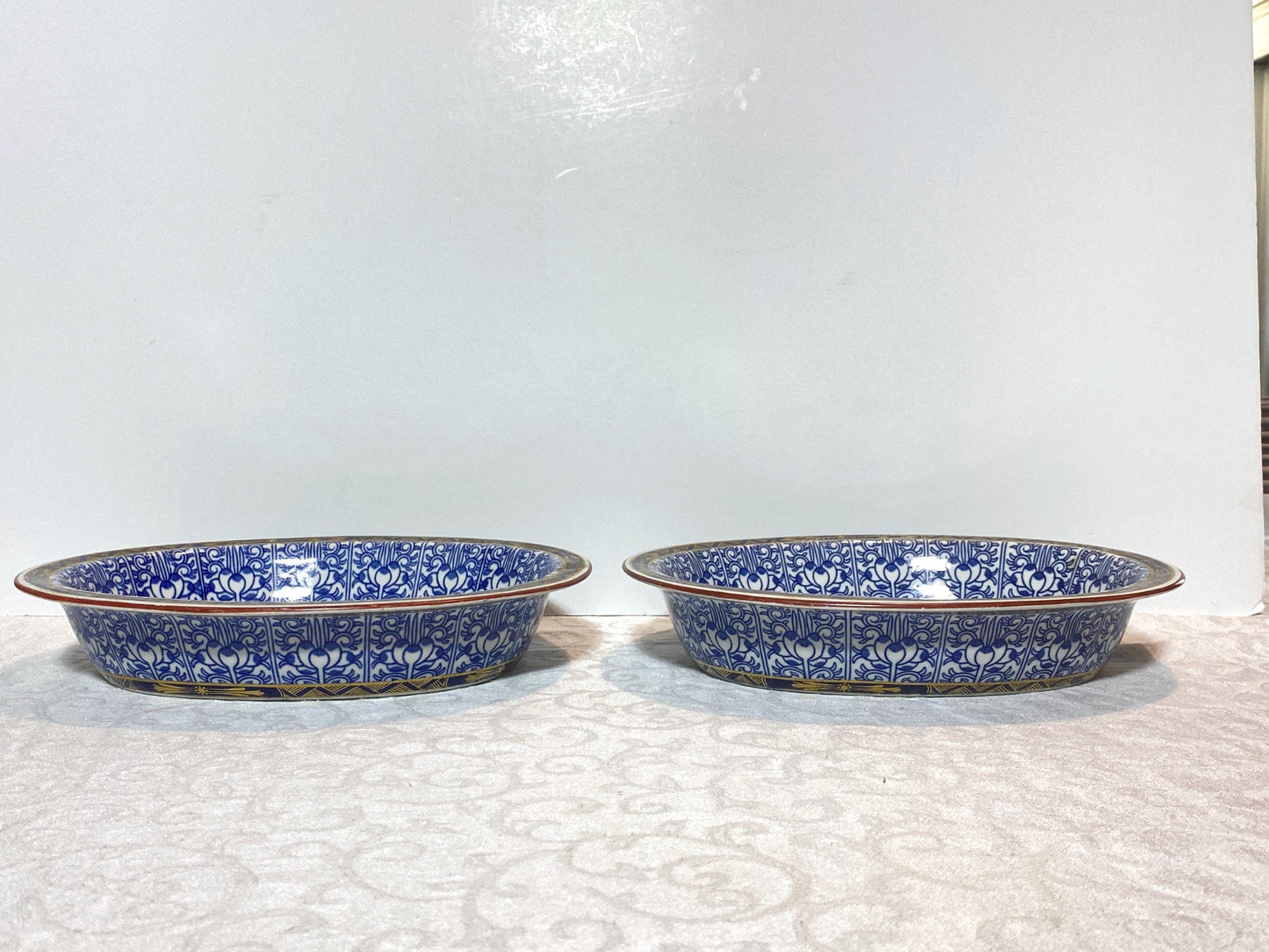 Pair Royal Worcester English Porcelain Blue and White "Royal Lily " oval serving vegetable bowls, 10'' W, double walls,Circa 1906