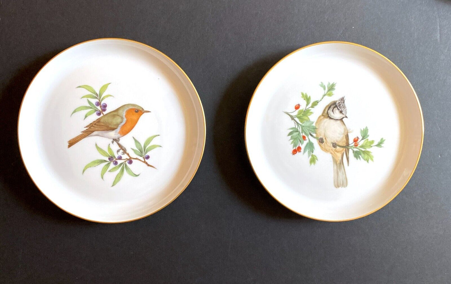 Meissen handpainted birds motif cabinet plates, set of 5, 1st choice, gold rim