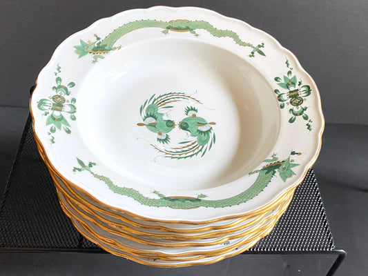 set of 8 Meissen Reicher Court (Green) dragon & Phoenix birds rimmed bowls , 9 1/4 inches, gold accents, 1st quality, excellent!