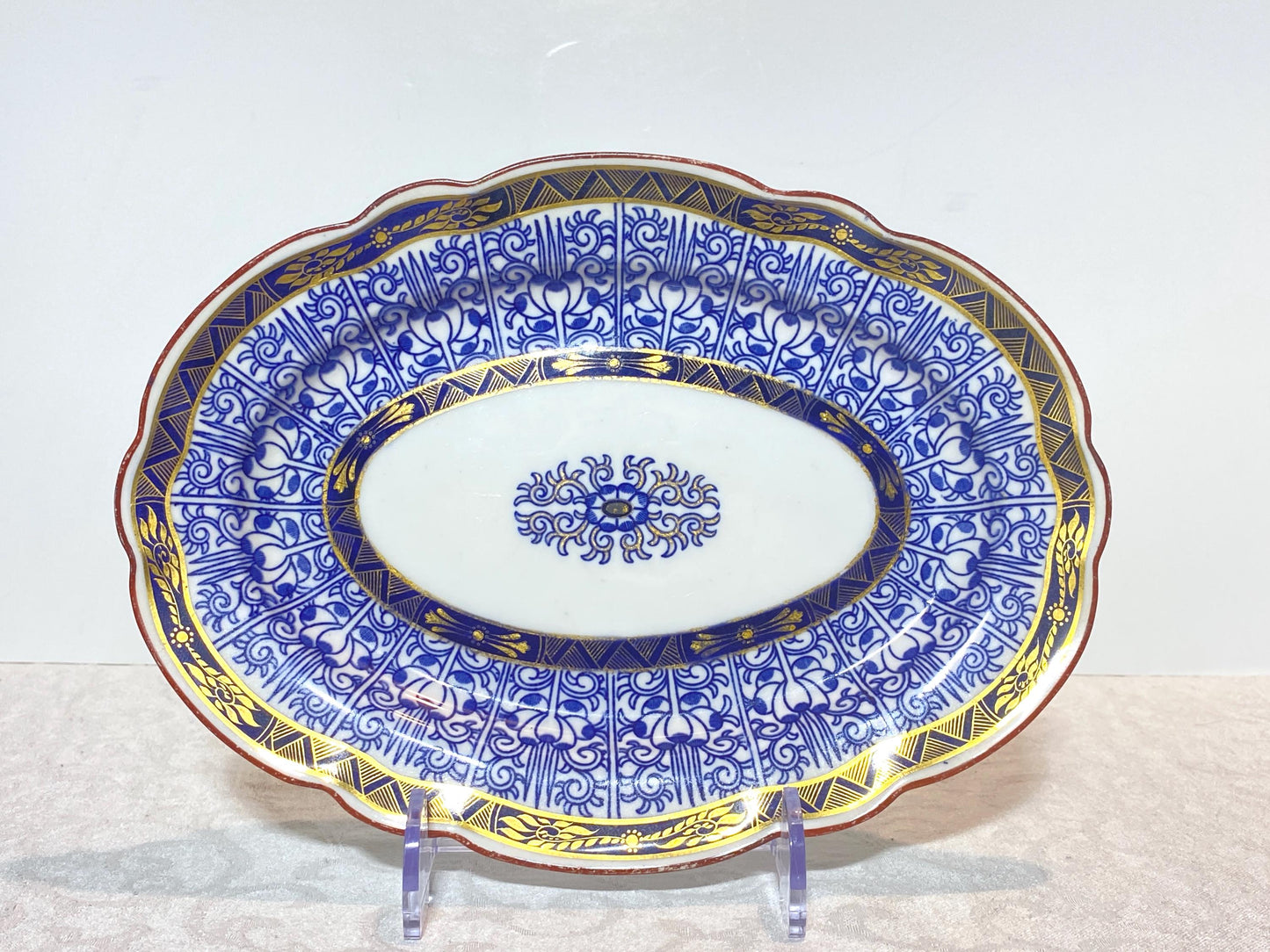 Pair Royal Worcester English Porcelain Blue and White "Royal Lily " oval serving platters, 10'' W, rare scalloped edges,Circa 1906