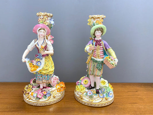 Pair Derby/Chelsea porcelain Figural candlestick, man and woman,18 century, rare