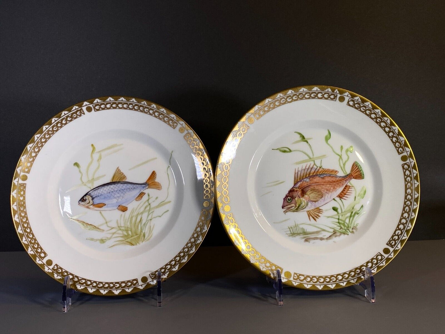 Set 8 Danish Royal Copenhagen handpainted gilt fish plates, Y 1947, rare!