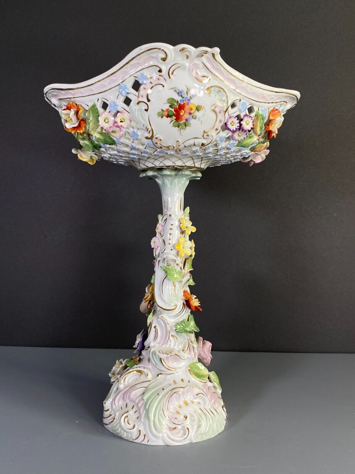 Carl Thieme Potschappel Dresden porcelain floral encrusted Figural centerpiece