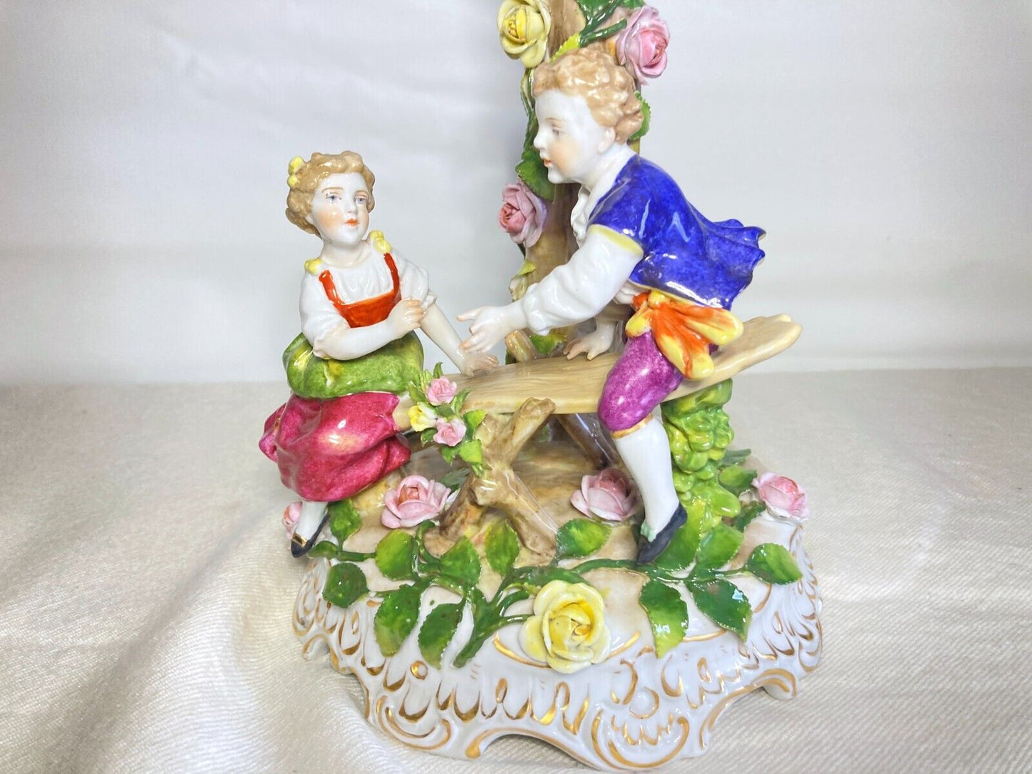 Germany Von Schierholz porcelain figural centerpiece w/ encrusted flower motif