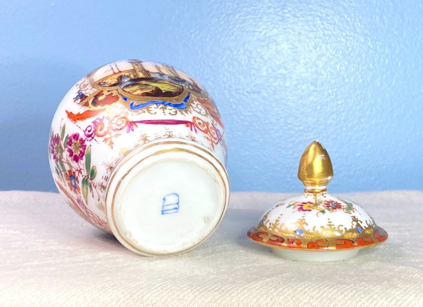 1800s Royal Vienna Porcelain Lidded Jar with Nautical scene, blue beehive mark