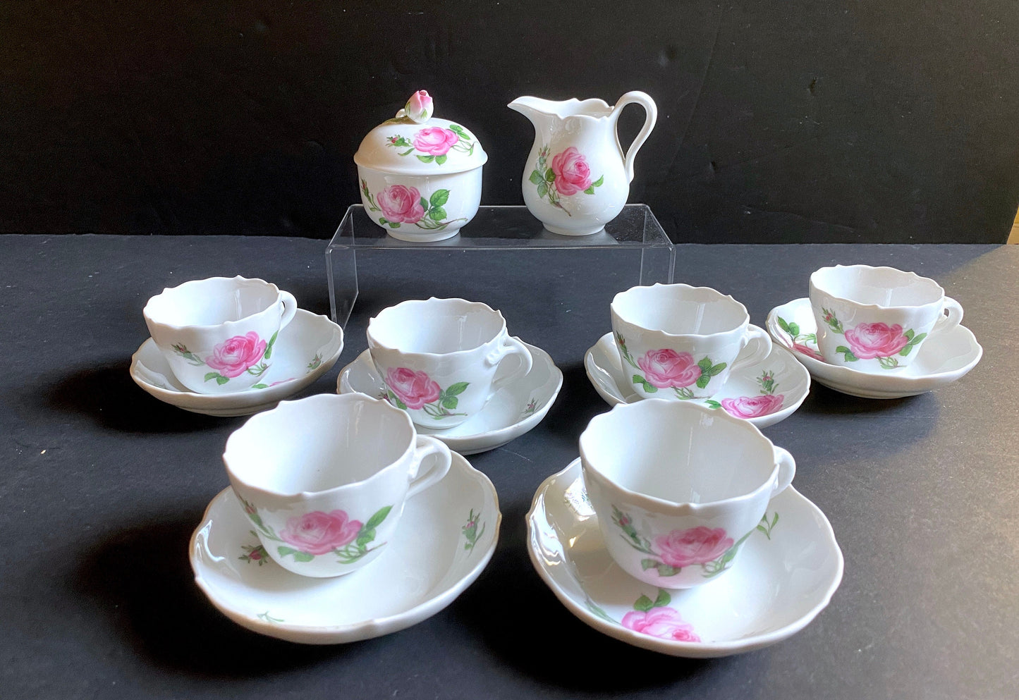 Vintage MEISSEN PINK ROSE mocha/demitasse set, cup & saucers, milk jar, lidded sugar with rose finial, 1st quality, made in Germany