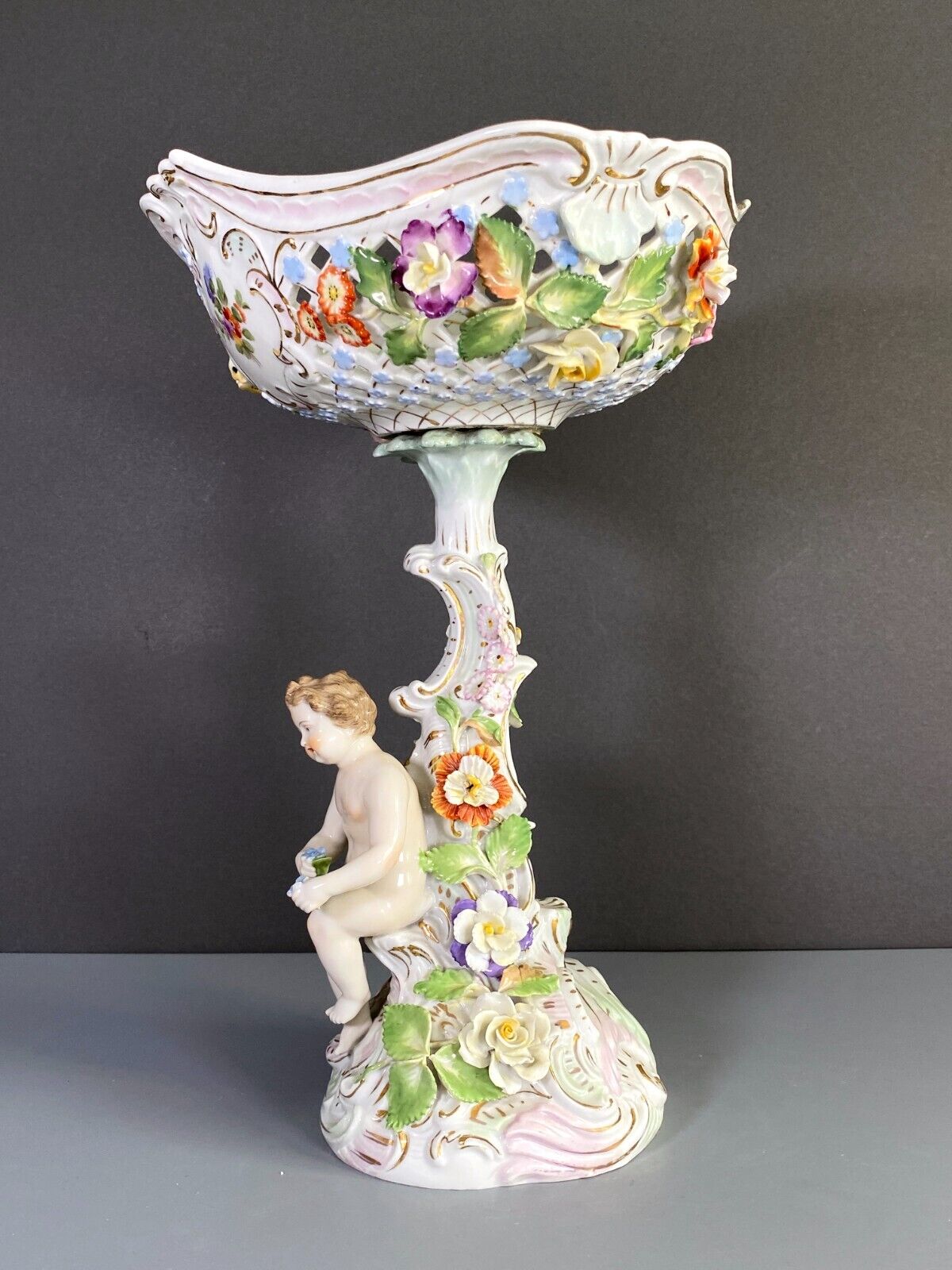 Carl Thieme Potschappel Dresden porcelain floral encrusted Figural centerpiece