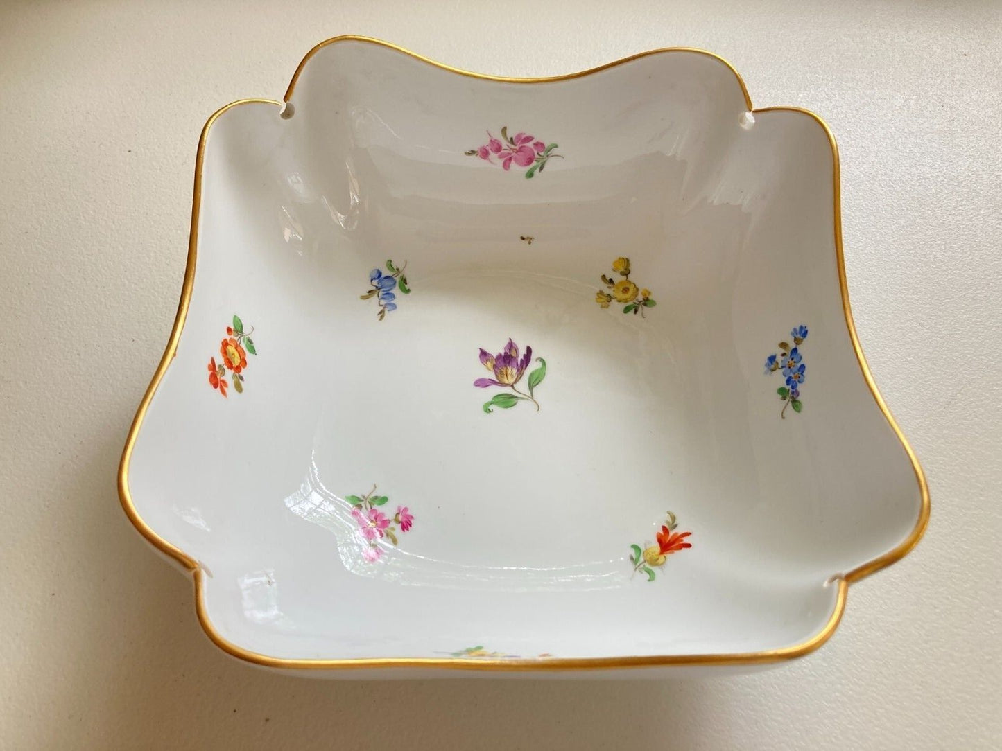 Meissen (1924-1934) large scalloped square serving bowl, gold rim, flora motif