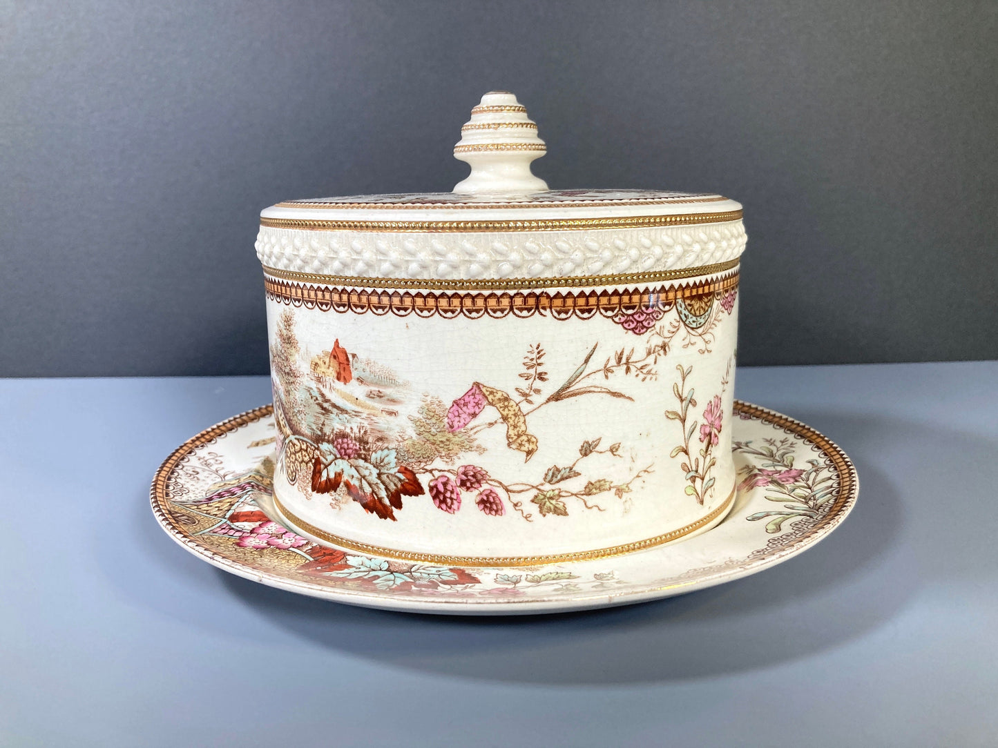 Edge Malkin & Co. Aesthetic Movement "Lisbon" transferware Cheese Bell/dish, made in England, ca. 1888s, very RARE!