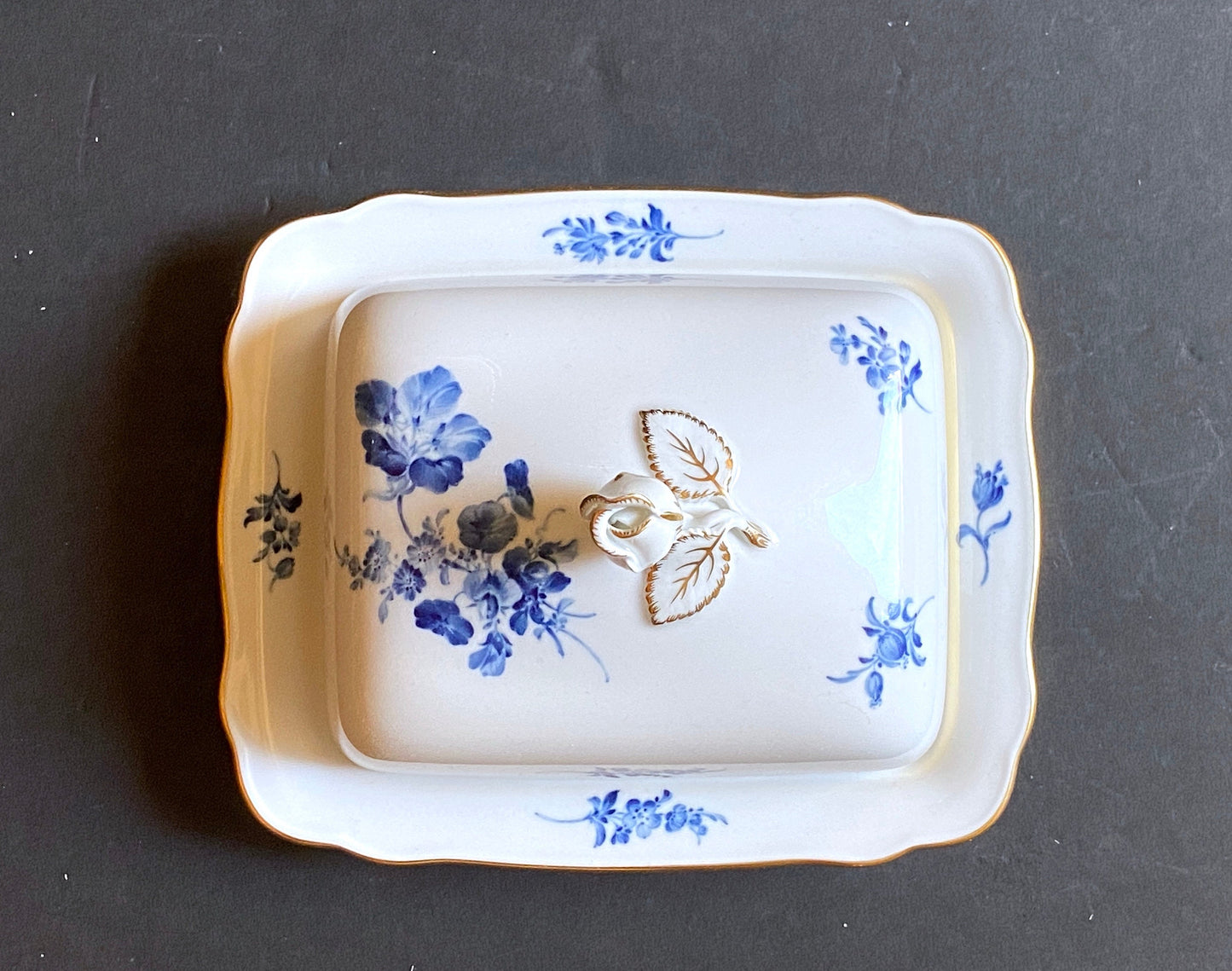 MEISSEN Blue Floral butter dish with gold accent, 1st quality, Exquisite!