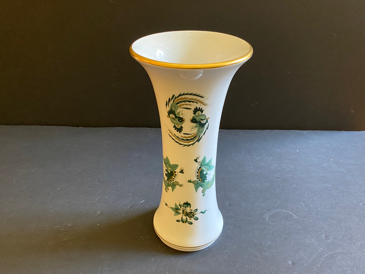 Meissen Reicher Court dragon flute vase, 10 inches high, green dragon and Phoenix motif , gold accent, made in Germany, 1st choice, mint